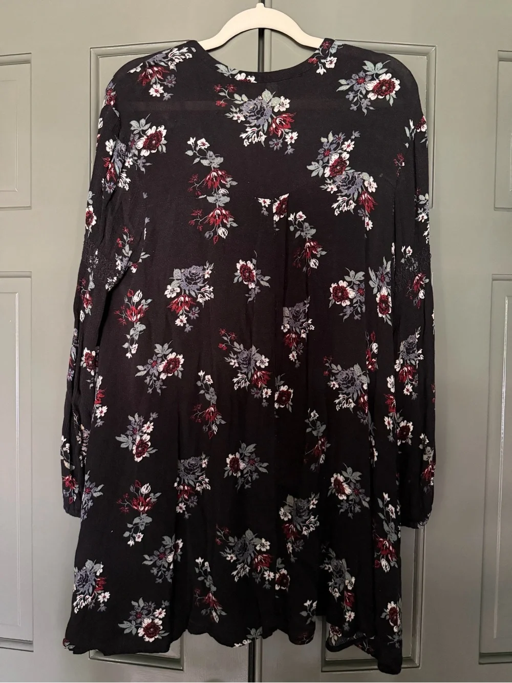Free People Black Floral High-Low Dress with Burgundy & Pale Blue Flowers
